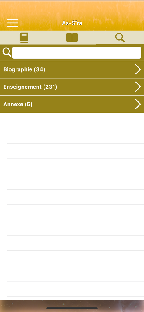 Interfaz de la aplicación As-Sira que muestra las categorías principales, incluyendo Biografía y Enseñanza.