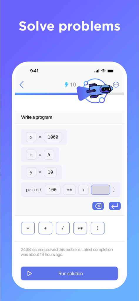 Hyperskill: Learn to Code - Hyperskill mobile app interface showing an interactive coding exercise where users fill in code blocks to solve a program and click run solution.