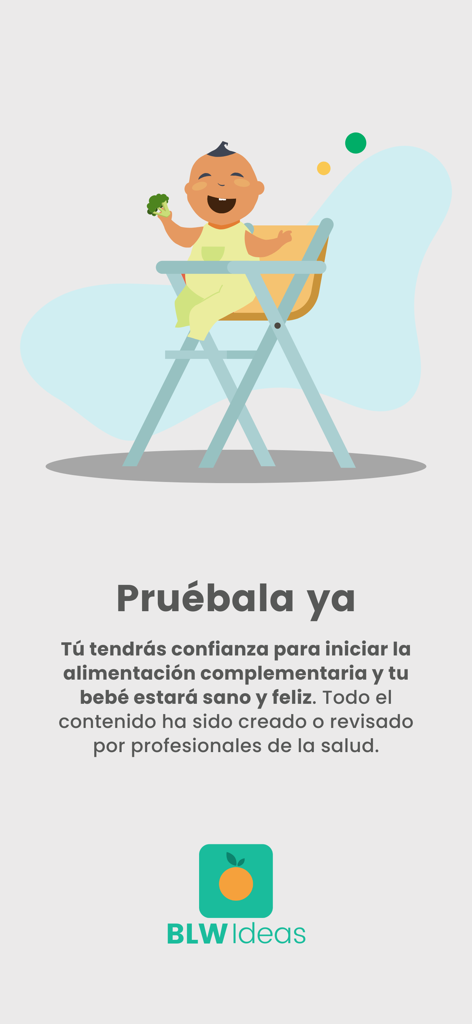 BLW Ideas Recetas Bebés - Ilustración de dibujos animados de un bebé feliz en una trona sosteniendo brócoli con texto en español promocionando la app BLW Ideas para una alimentación segura del bebé.