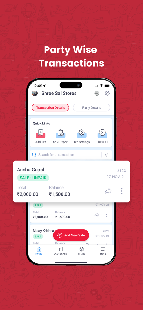 Vyapar accounting app showing party wise transactions and unpaid sale balances