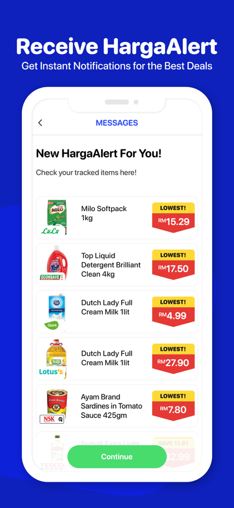 A screenshot of the Hargapedia app showing instant price alerts and lowest deals for grocery products.