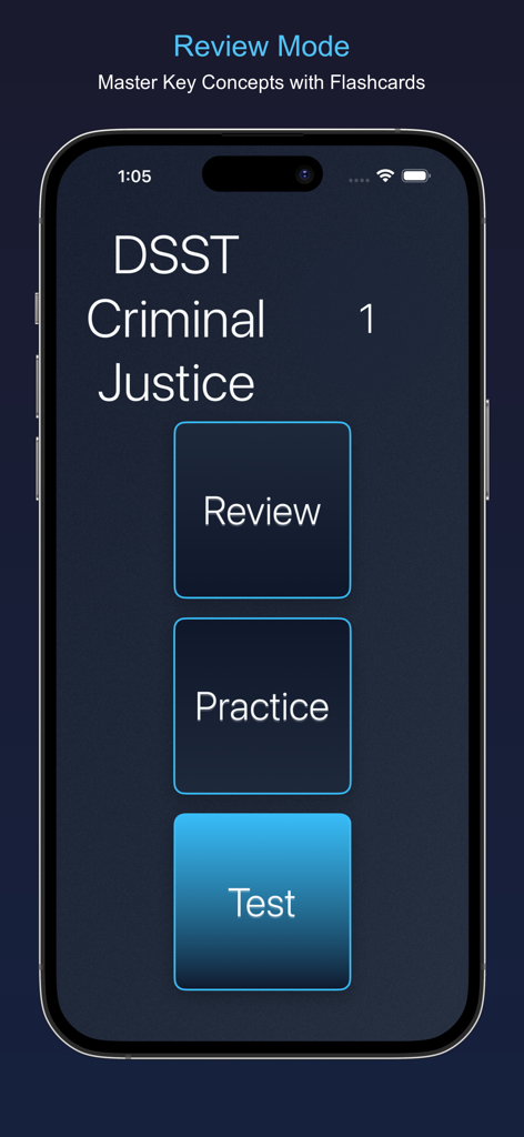 DSST Criminal Justice Prep - Main menu of the DSST Criminal Justice Prep app with buttons for review practice and test modes