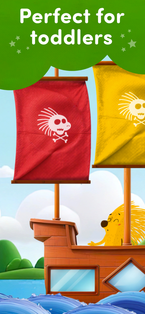 Rescue: Toddler games for kids - A cartoon hedgehog on a pirate ship with red and yellow sails and the text Perfect for toddlers.