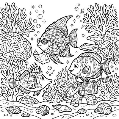 Embark on a fin-tastic journey with this delightful Tropical Fish Vacation coloring page! Watch as these adorable underwater travelers explore the coral reef with their maps, backpacks, and suitcases, ready for your creative touch.