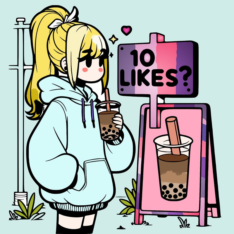 girl with oversized hoodie drinking boba and she has a high ponytail with a sign that says 10likes?