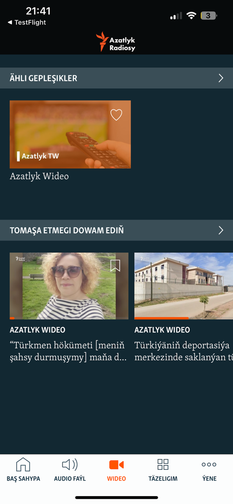 Azatlyk Radiosy - Video section of the Azatlyk Radiosy app displaying news reports in Turkmen.