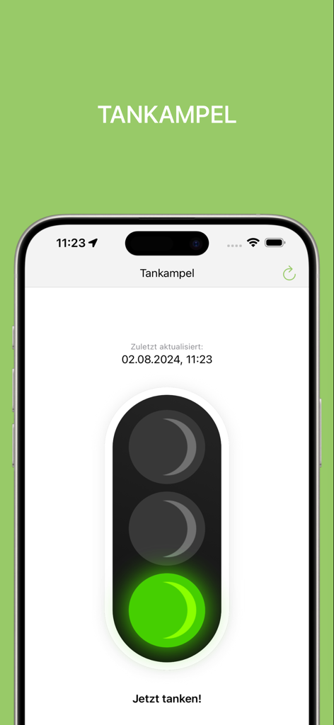La función Tankampel en la app Benzinpreis mostrando una luz verde que indica que es un buen momento para repostar