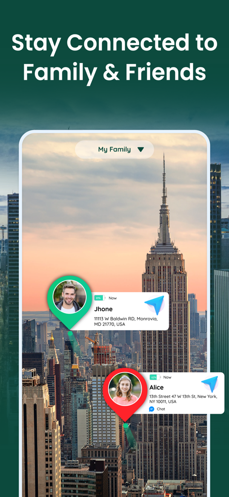 GPS Phone Locator and Tracker - Interface of the FamilyConnect app showing real-time GPS locations of family members on a New York City map