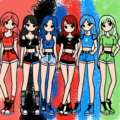 a group of girls wearing crop tops and shorts
