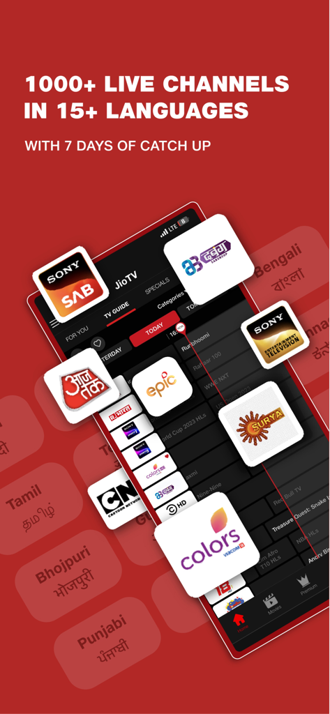Interfaccia dell'app mobile JioTV che mostra i loghi di diversi canali indiani e le opzioni della lingua