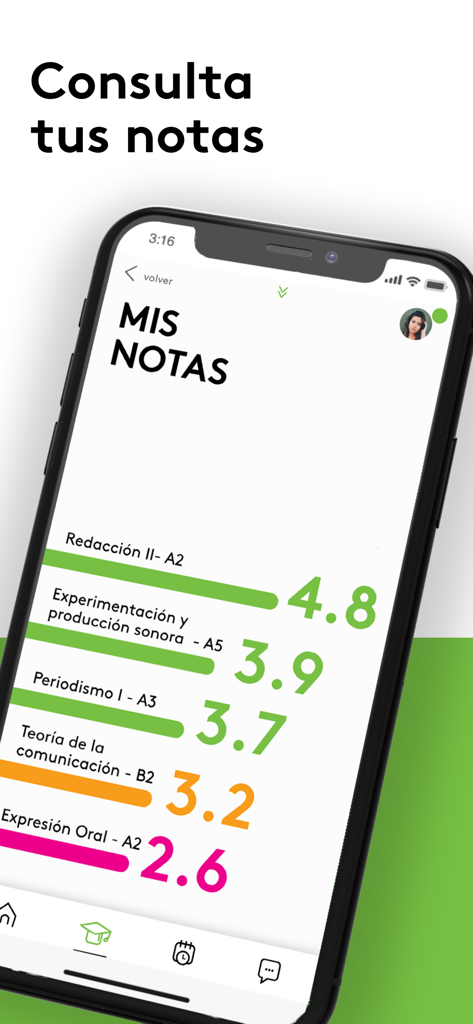 Areandina APP - Areandina app student grades interface showing a list of subjects and academic scores