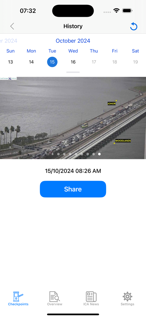 Mobile app screen showing historical traffic camera footage of the Causeway bridge between Johor and Woodlands with a share button.