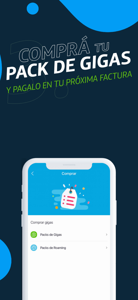 Interface do aplicativo Mi Movistar para compra de pacotes de dados e roaming com opção de pagamento na próxima fatura