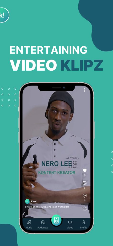 Kwot! - Video, Music & Podcast - Mobile screen of the Kwot app featuring an African content creator in the entertaining video klipz section