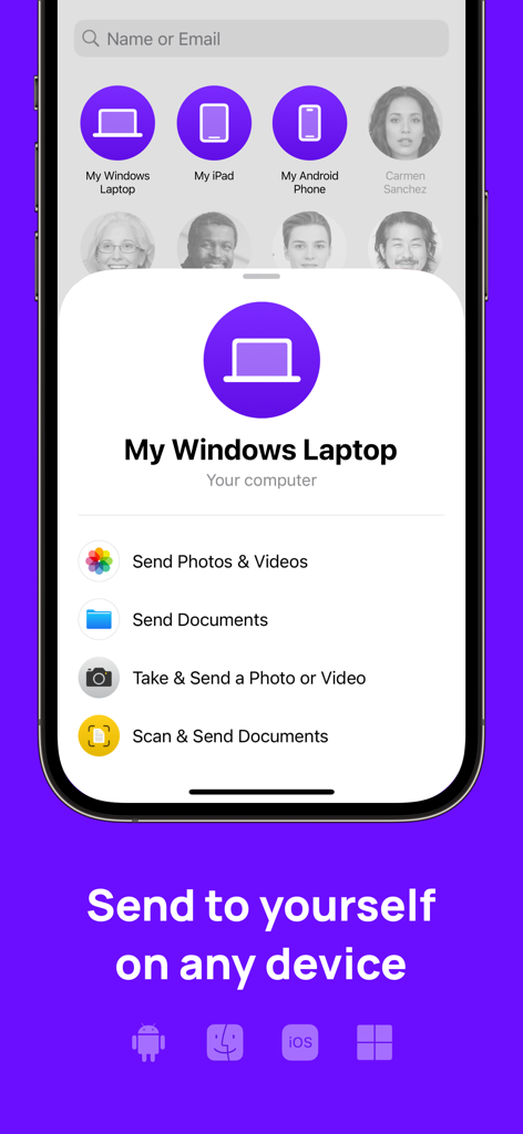 Blip: Send Files in a Click - Interface de l'application Blip montrant les options pour envoyer des photos et des documents d'un iPhone vers un ordinateur portable Windows