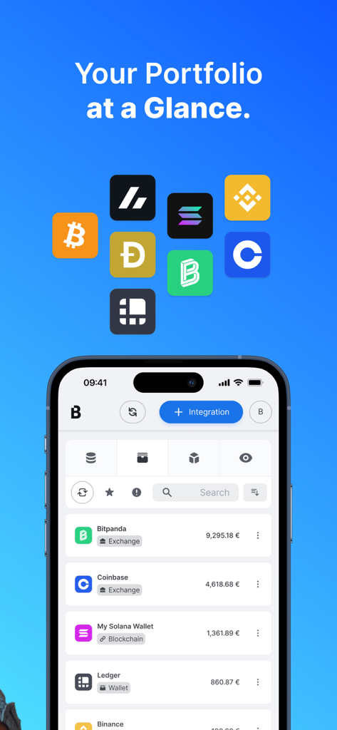 Blockpit: Taxes & Portfolio - Dashboard dell'app mobile Blockpit che mostra una panoramica del portfolio crypto con integrazioni multiple di exchange e wallet