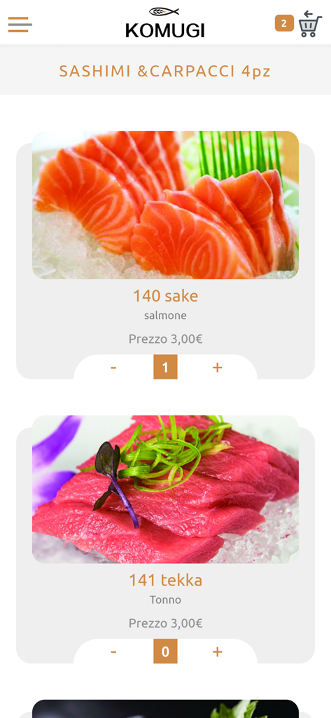 Schermata del menu dell'app mobile Komugi Sushi che mostra sashimi di salmone e tonno con opzioni di ordinazione