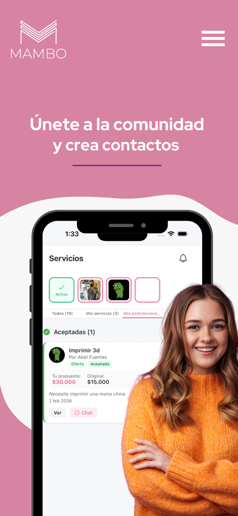 Mambo App - Mambo App promotional screen showing a service request interface and a smiling young woman