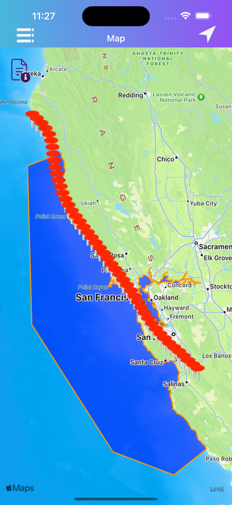 KML KMZ Viewer app displaying a coastal map with a blue polygon overlay and a sequence of red markers.