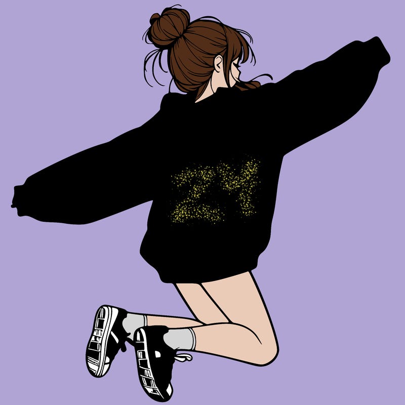 realistic girl jumping with a bun and oversized sweatshirt