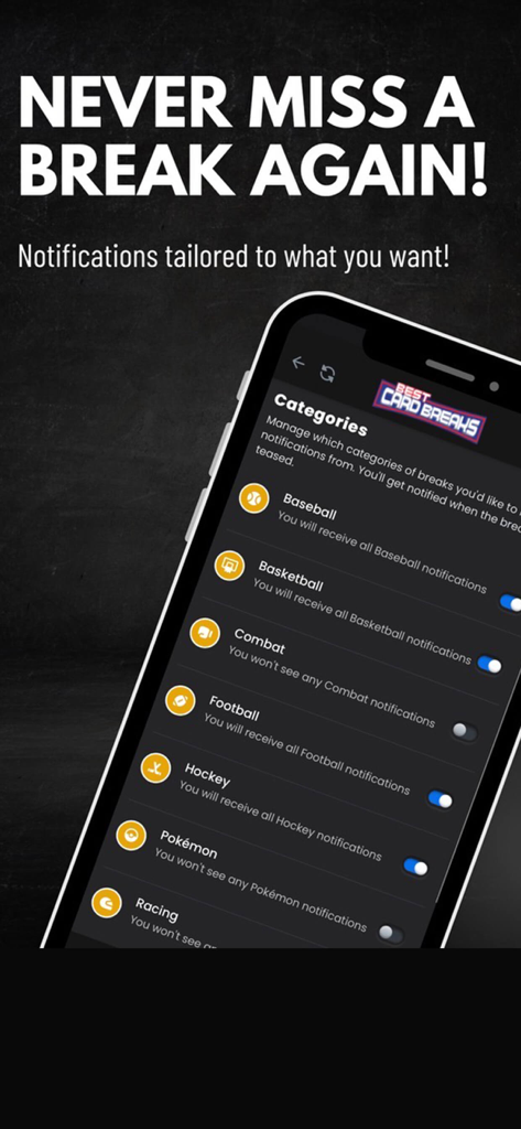 Best Card Breaks - Best Card Breaks app notification settings screen showing category toggles for baseball, basketball, football, and pokemon