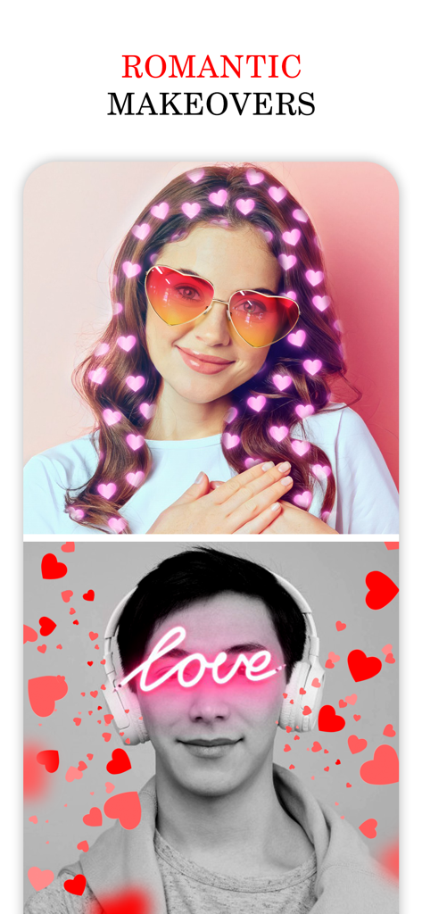 Love Cards + - Ejemplos de cambios de imagen románticos con filtros en forma de corazón y efectos de amor de neón en retratos