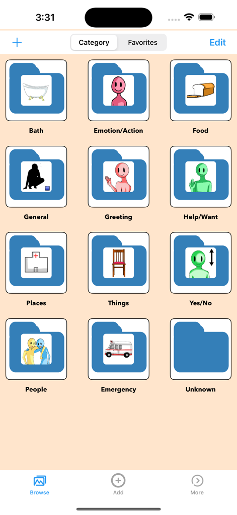 Voice4u AAC - Screenshot of Voice4u AAC app showing a grid of communication category folders like Food, Greeting, and Emergency.