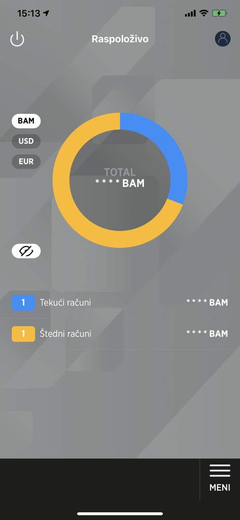 Ziraat Bank BH Mobile app dashboard showing account balance distribution with a donut chart and currency options for BAM USD and EUR