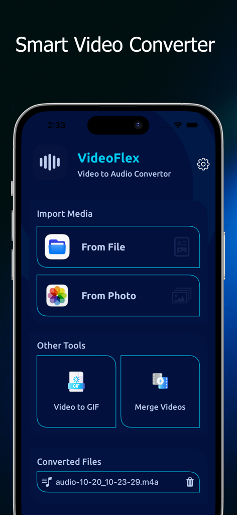Main interface of the VideoFlex app showing tools for video conversion, GIF making, and merging clips.