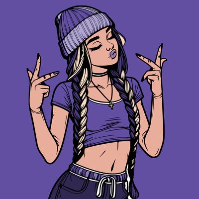 realistic teenage girl with braids and a beanie and crop top doing 🫶🏼