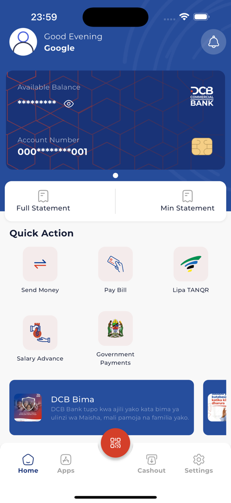 DCB Pesa Plus - Pantalla de inicio de la aplicación DCB Pesa Plus que muestra el saldo de la cuenta y las acciones rápidas para transferencias de dinero y pagos de facturas