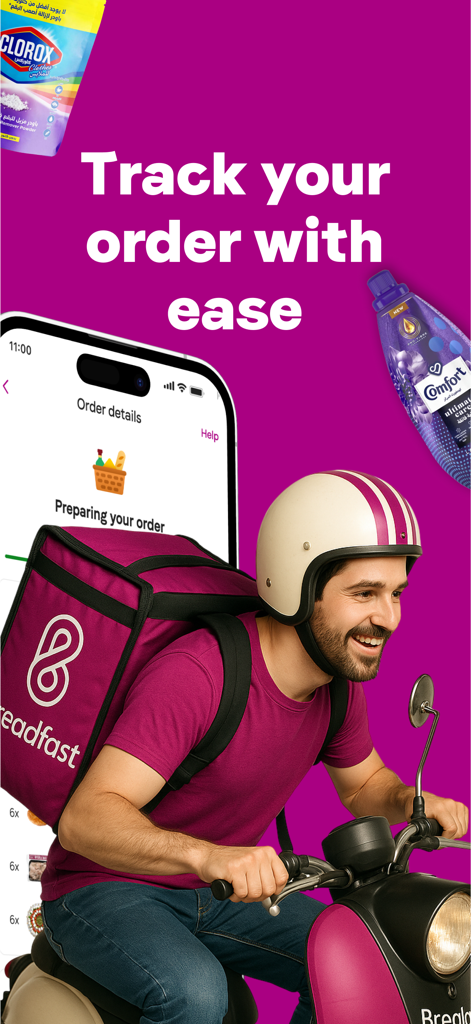 A smiling Breadfast courier on a scooter with a delivery bag, alongside an iPhone showing the app's order tracking screen.