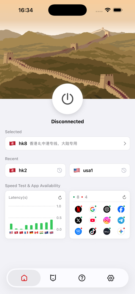 Interfaz de la aplicación 5UF VPN que muestra el estado de la conexión y la latencia del servidor para aplicaciones populares.