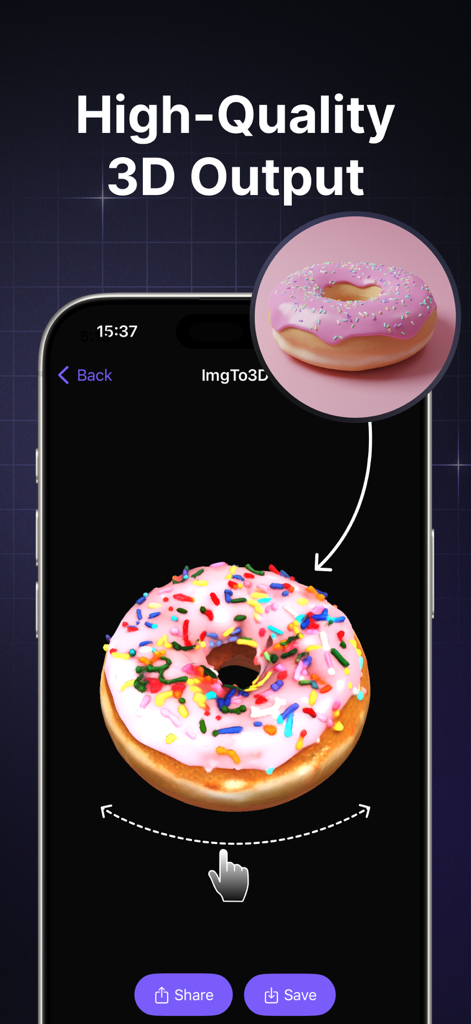 A pink donut 3D model generated from a photo in the app interface