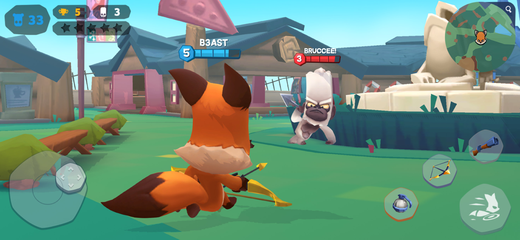 Zooba: Zoo Battle Royale Games - A fox character aiming a bow at a gorilla in the Zooba mobile battle royale game