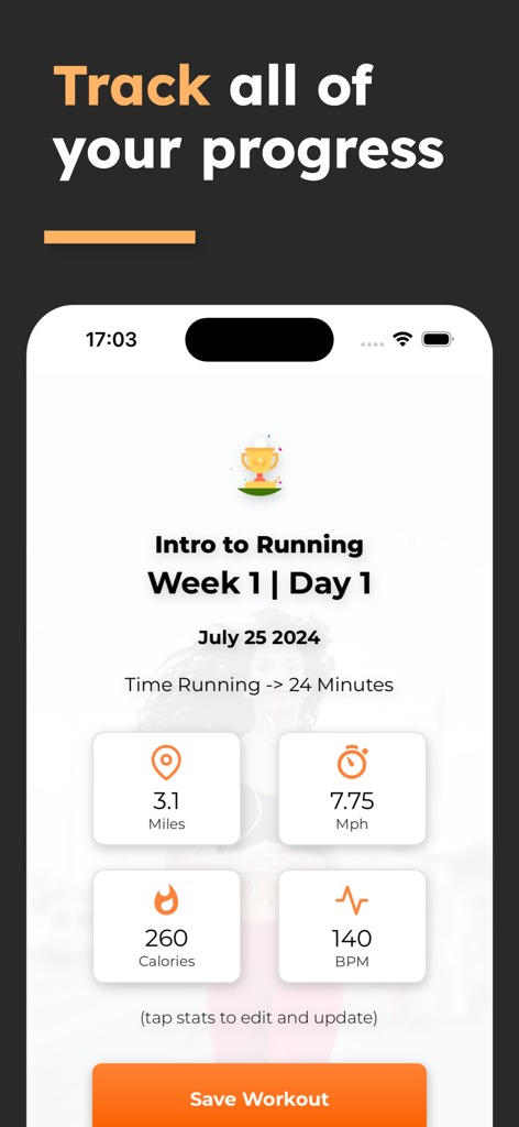 Treadmill Workout: Running - Bildschirm mit Trainingszusammenfassung in der Laufband-Workout-App, der Distanz, Geschwindigkeit, verbrannte Kalorien und Herzfrequenz nach einer Laufeinheit anzeigt.