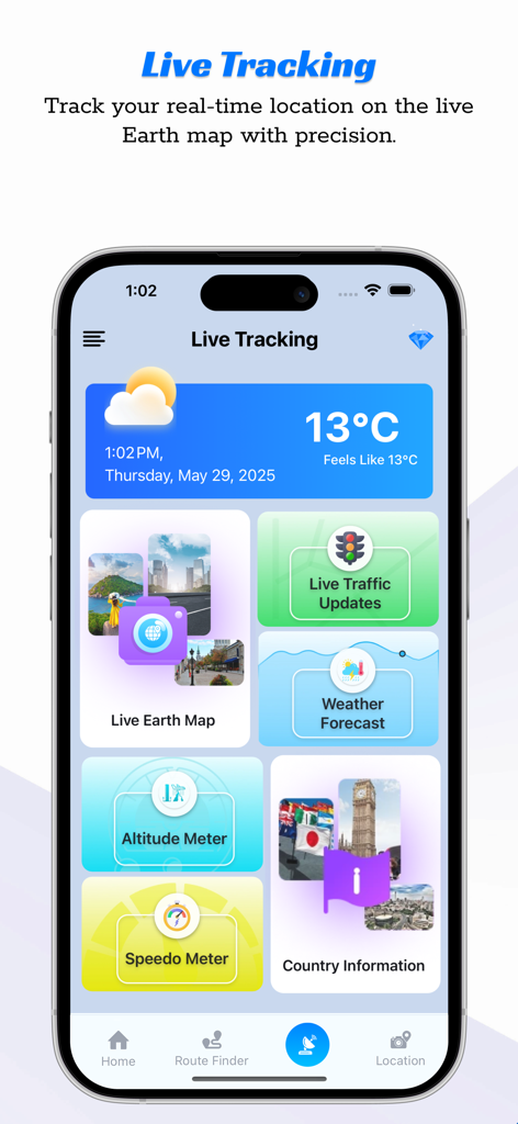 Dashboard of Live Earth Map Tracker app showing navigation and weather tools