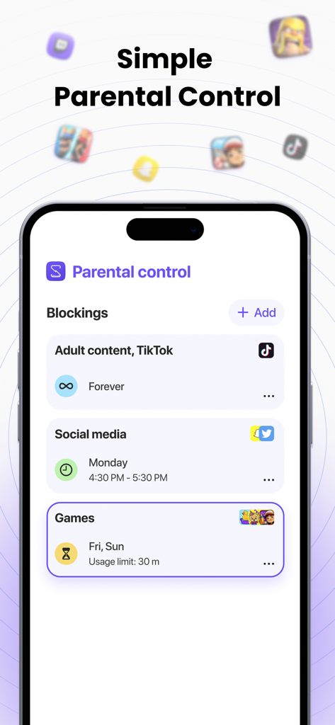 Screen Time Limit: App Blocker - Mobile interface showing parental control settings to block social media and games