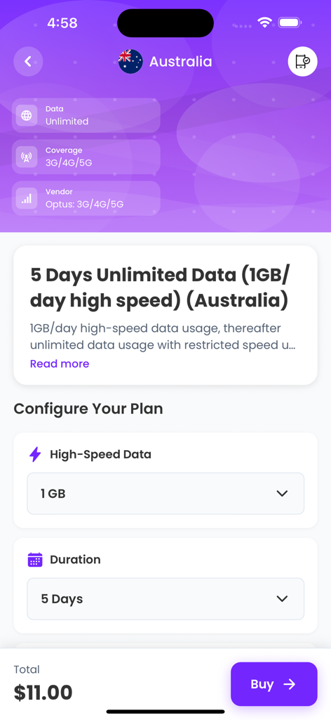 Kloud eSIM - Kloud eSIM app interface for selecting a 5 day unlimited data plan for Australia