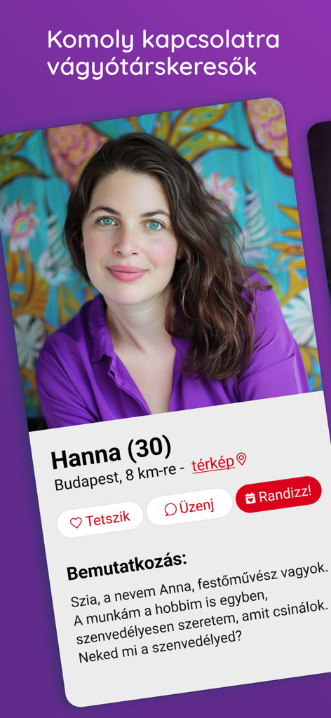 Eine Benutzerprofilansicht in der Randivonal-Dating-App, die für Ungarn konzipiert ist, die ernsthafte Beziehungen suchen