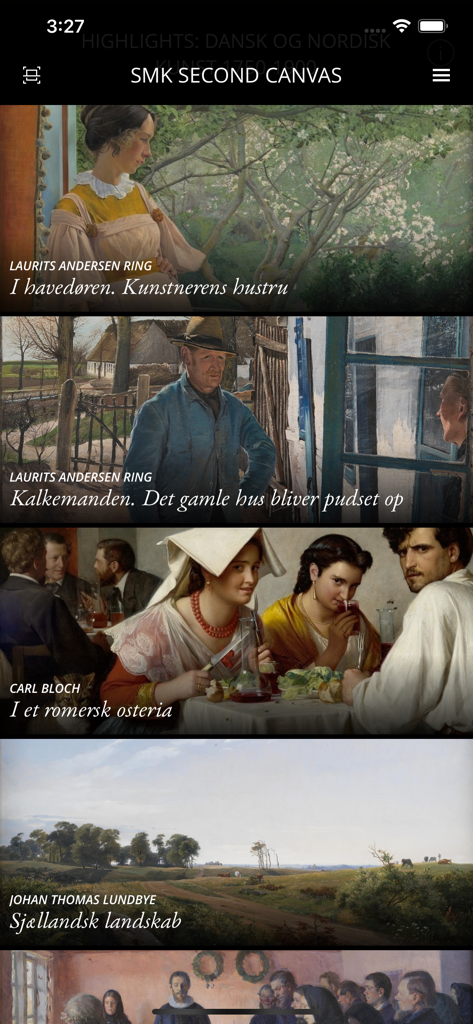 Gallery interface of the SMK Second Canvas app showing a scrollable list of classical paintings by Danish and Nordic artists.