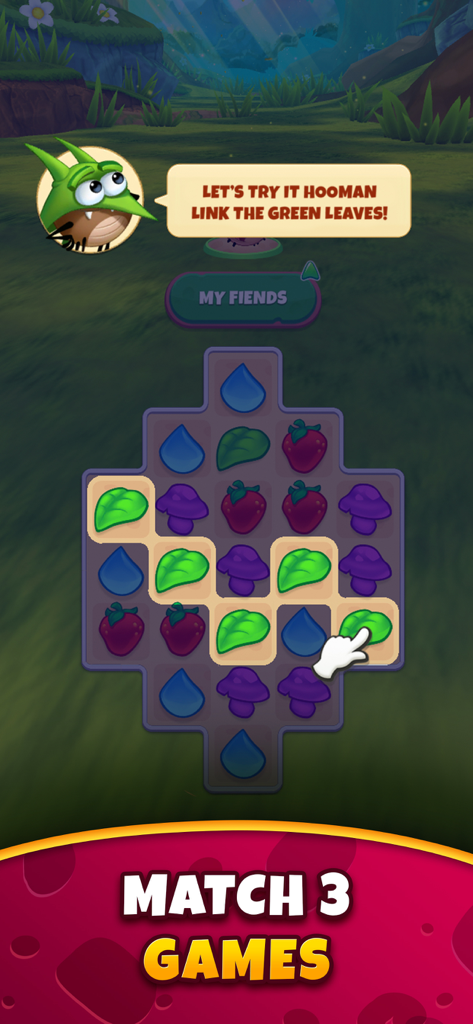 A tutorial screen for Best Fiends showing how to link matching green leaf items in a puzzle grid.