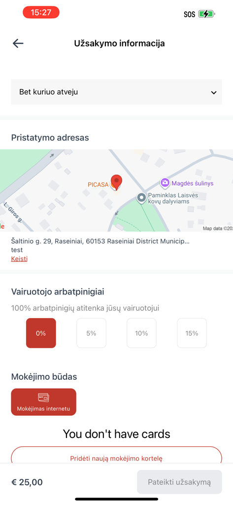 Pantalla de pago de la aplicación NORI Delivery que muestra los detalles del pedido, mapa de entrega y opciones de propina.