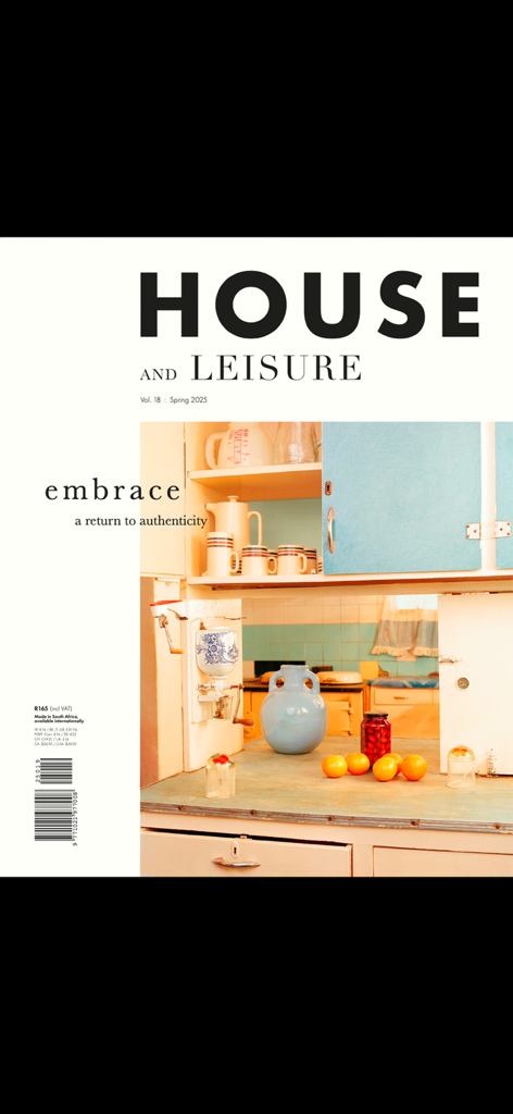 House & Leisure - Front cover of House and Leisure magazine featuring a vintage kitchen with blue cabinets and citrus fruits