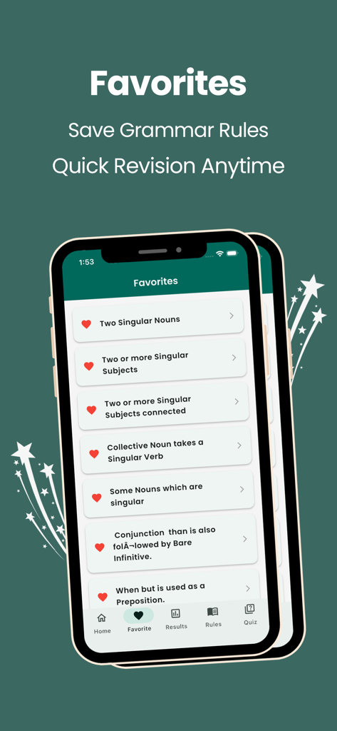 100 English Grammar Rules - Una pantalla de aplicación móvil que muestra una lista de reglas de gramática inglesa guardadas en la sección de Favoritos para una revisión rápida