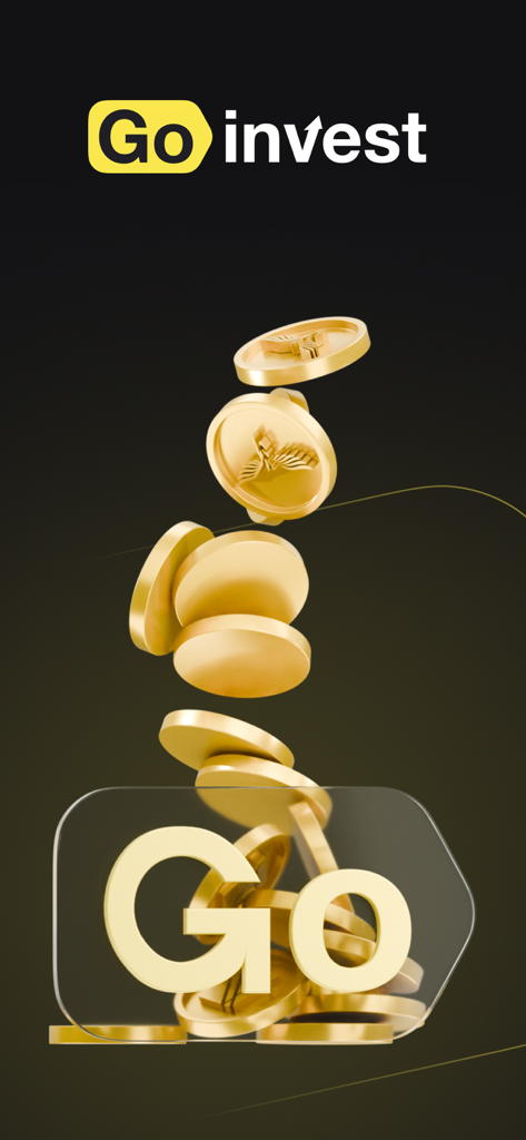 Écran de démarrage de l'application d'investissement GoInvest avec des pièces d'or tombant