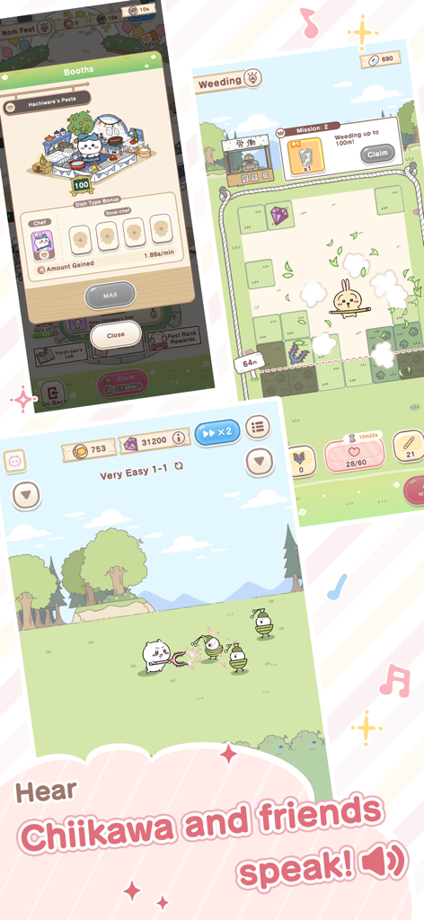 Chiikawa Pocket - Gameplay screenshots of Chiikawa Pocket showing cooking weeding and battle modes