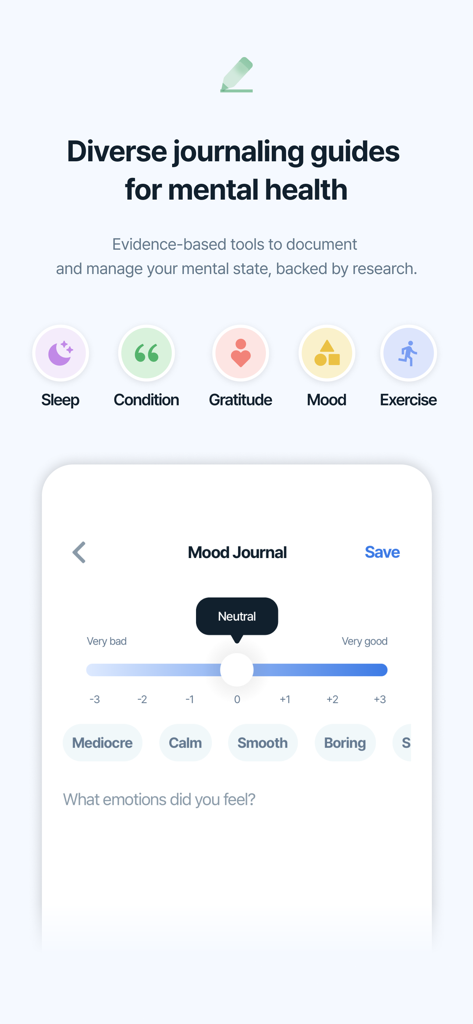 Dr.Listen - Dr.Listen app interface showing mental health journaling guides for mood sleep and gratitude