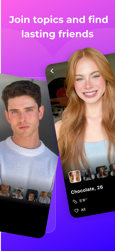 Purify - Meet Friends & Vibe - User profiles on the Purify app interface with a heading about finding lasting friends.