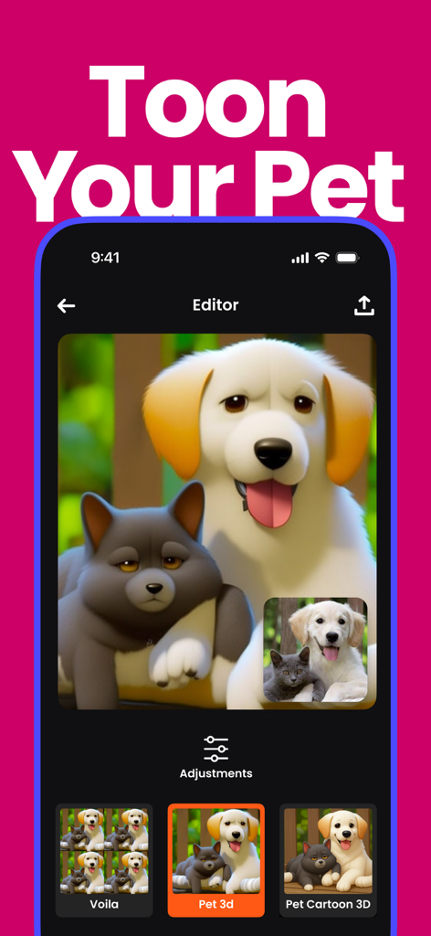 Voilà AI Artist Cartoon Filter - Interfaccia dell'app Voila AI Artist che mostra un filtro cartoon 3D applicato a una foto di un cane e un gatto